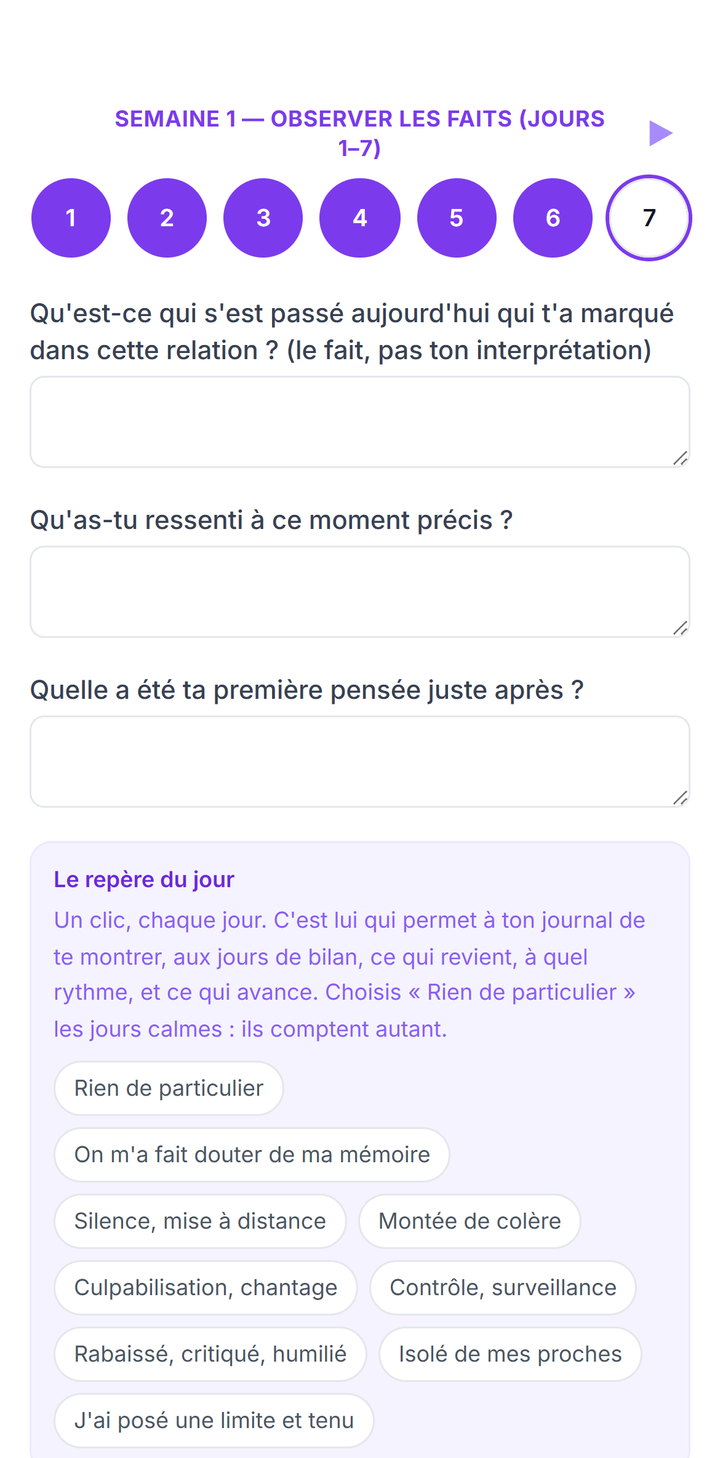 Le Journal structuré 30 jours affiché sur un téléphone : les jours déjà remplis, les trois questions du soir et les repères à poser en un clic