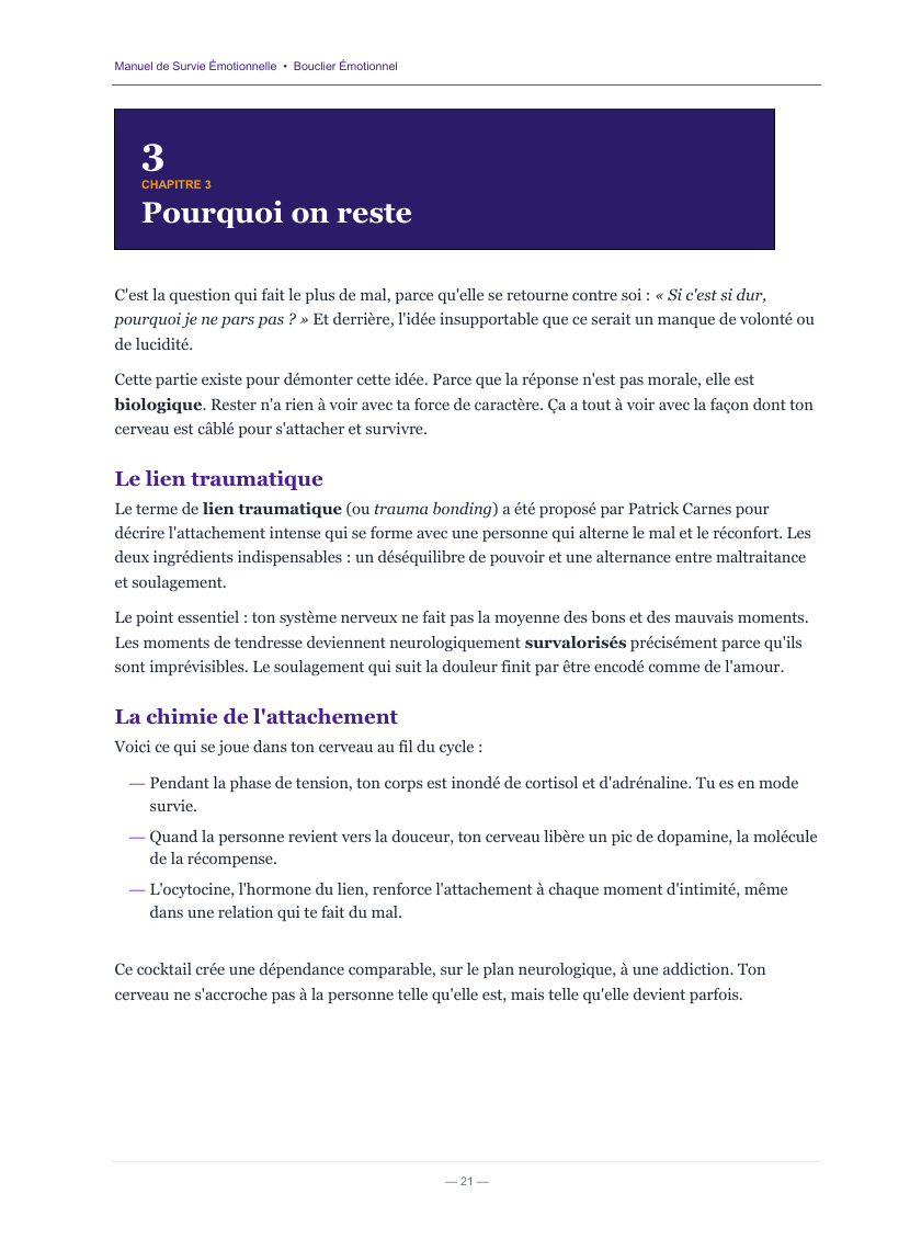 Une page du Manuel de Survie Émotionnelle : le chapitre 3, Pourquoi on reste, avec le lien traumatique et la chimie de l'attachement